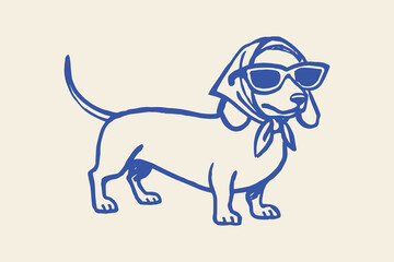 Naklejka na ściany i meble Dachshund in scarf and sunglasses cartoon sketch vector illustration