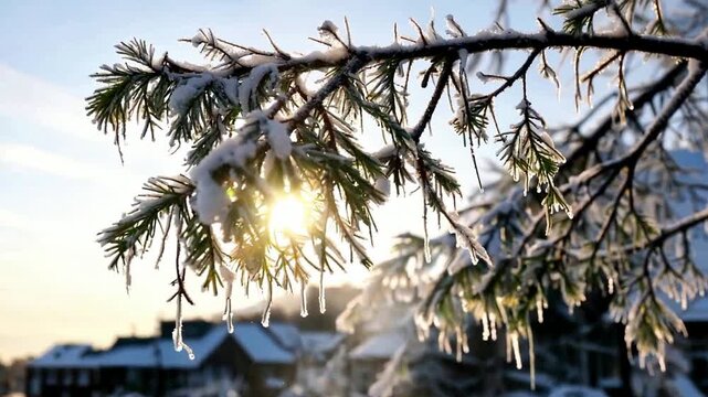 Winter scene of snow covered pine tree branches with icicles.