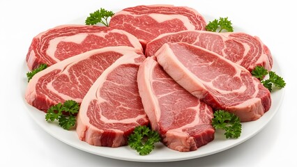 Fototapeta premium Variety of raw fresh beef steaks garnished with parsley on plate