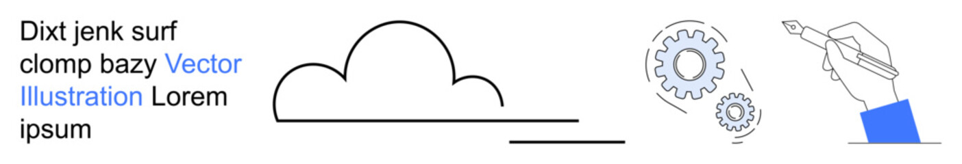 Cloud computing, creative innovation, teamwork, digital design, productivity, networking. A cloud with gears and a hand holding a pen. Cloud computing and creative innovation concepts