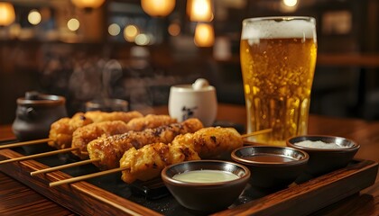 Japanese Izakaya Dinner &mdash; Warm Ambient Yakitori & Beer Scene