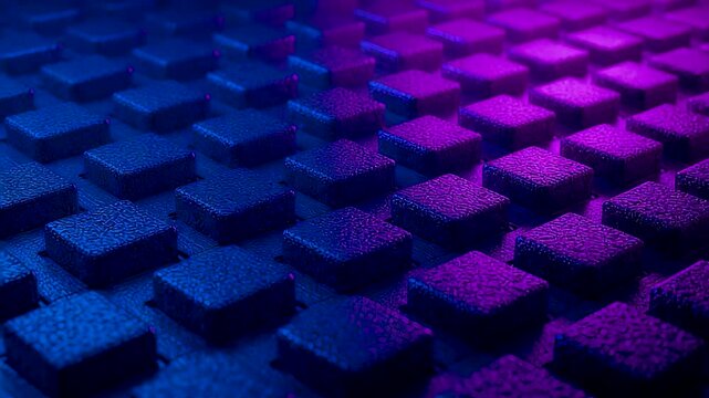 Abstract grid of textured cubes illuminated by blue and purple light creating depth perspective and a modern digital surface pattern