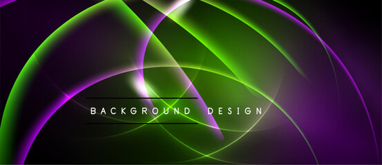 Abstract neon curves blend purple, green hues. Dynamic lighting creates futuristic background design. Smooth gradients offer visual interest.