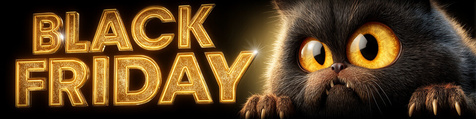 Close-up of a fierce black cat with glowing golden eyes and sharp claws stands beside a bright gold &ldquo;BLACK FRIDAY&rdquo; sign on black background, in a dark, cinematic Halloween atmosphere. Generative AI.