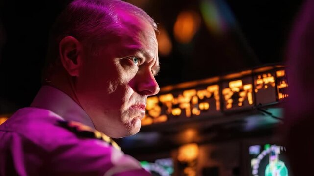 A pilot in a cockpit at night, illuminated by the orange glow of the flight instruments.