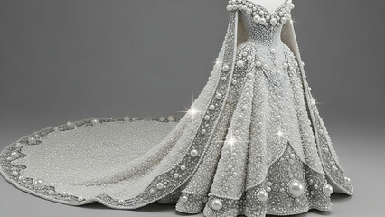 Exquisite beaded wedding gown with flowing train, adorned with pearls and sparkling crystals
