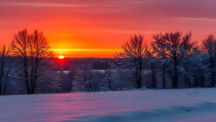 Winter Sunset Behind Forest Line