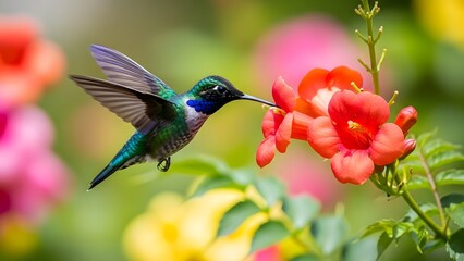Naklejka premium Hummingbird Sipping Nectar from a Red Flower