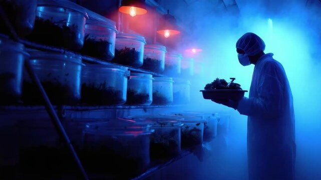 A researcher in a sterile suit inspects trays of mushrooms growing in jars in a blue-lit cultivation lab.