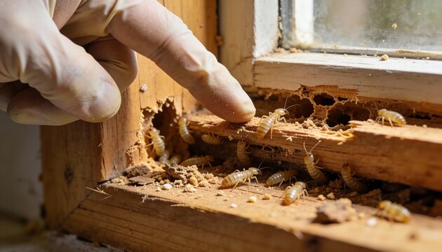 A gloved hand points to a severe termite infestation in a damaged wooden window frame, revealing many worker termites.