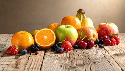 Assortment Of Fresh Fruits Including Oranges Apples Pears Berries Bananas And Cherries On A Rustic Wooden Surface With Soft Backlighting