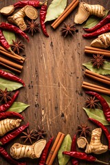 Vertical flat lay frame of red chili peppers, cinnamon sticks, star anise and ginger on rustic dark wood background with copy space for culinary recipe or spicy asian food menu concept.