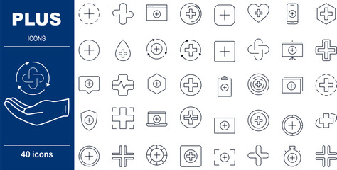 40 Line Style Plus Icons Medical Cross, Health Addition and Positive Growth Symbols