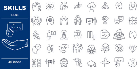 40 Line Style Skills Icons Professional Ability, Training and Problem Solving Symbols
