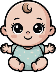 Cute baby character with big sparkling eyes and light brown hair on a transparent background