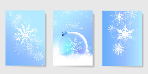 Fototapeta premium Winter and Happy holiday greeting card vector set. Elegant wallpaper with pine leaves, pinecone, snowflake. Holidays design illustration for cover, print, poster, Happy New Year, ads. 