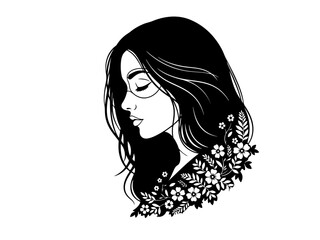 A black and white graphic illustration of a woman's profile with closed eyes and flowers in her hair, depicting serenity and beauty.