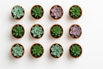 Professional studio photo top view grid of small succulent plants in round terracotta pots arranged neatly in rows on smooth white surface
