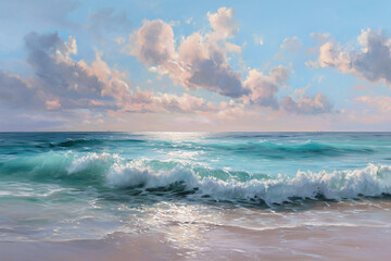Sunlit Waves on Tropical Shoreline Pastel Sky