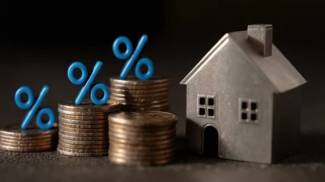 A miniature metal house sits beside coin piles with blue percent signs, illustrating mortgage interest rates.