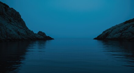 Tranquil evening seascape with rocky shores