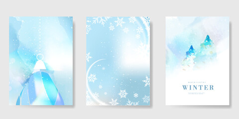 Obraz premium Winter and Happy holiday greeting card vector set. Elegant wallpaper with pine leaves, pinecone, snowflake. Holidays design illustration for cover, print, poster, Happy New Year, ads. 