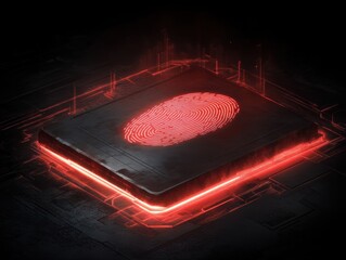 High-tech fingerprint scanner on black surface with red illumination and circuit patterns in background