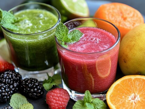 Refreshing green and red drinks served in glasses with fresh fruits and mint on a table in bright light - Powered by Adobe