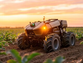 Fototapeta premium Robot works in a field during sunset with clear skies and visible crops in the background