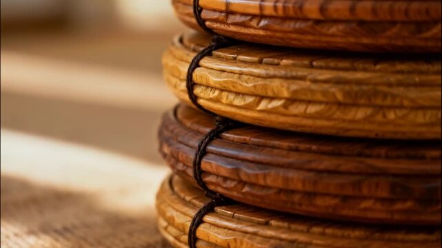 Traditional Wooden Coasters Stacked Neatly on a Burlap Surface with Soft Sunlight