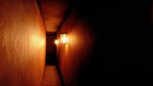 A dim, narrow hallway lit by warm orange wall lanterns along the walls, fading into the distance.