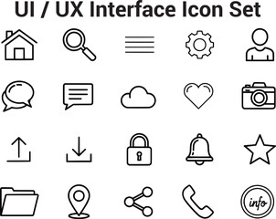 A clean line-style interface icon set including menu, camera, chat, folder, cloud, and essential UI symbols. Minimal, scalable design with editable stroke for web and mobile UI.