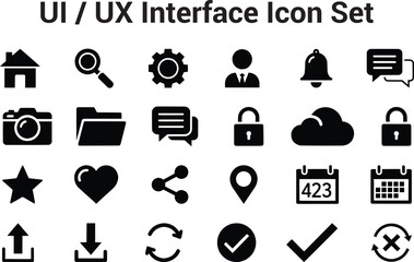 A line-style UI/UX icon set featuring home, search, settings, profile, notification, and more. Simple, modern outline design with editable stroke for app and web interfaces.