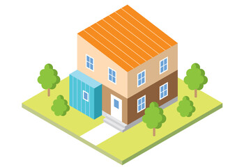 スタイリッシュでかわいい一戸建てマイホームのアイソメトリックイラスト