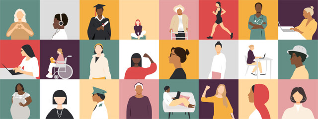 Women together. Modern colourful banner with women's icons. 