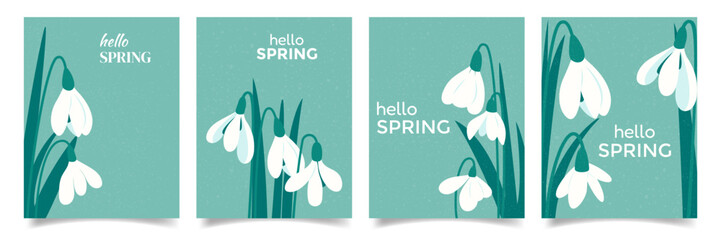Vertical Spring posters or cards with snowdrops set. Floral poster collection with trendy texture. Vector templates greeting card for Snowdrop day, Easter, Women's Day, birthday, Mother's Day
