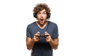 shocked gamer with headset holding controller, isolated on transparent background