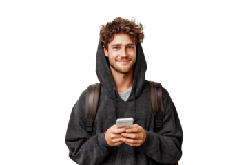 smiling young man with smartphone in hoodie, isolated on transparent background