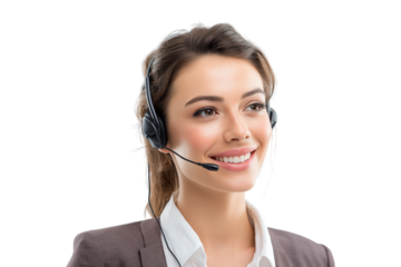 smiling female call center operator with headset, isolated on transparent background