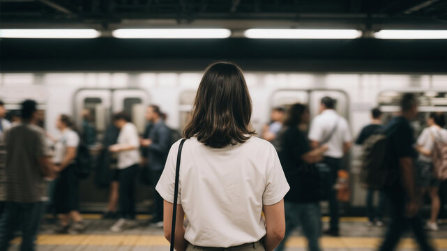 Woman standing at busy subway with blurry people around.