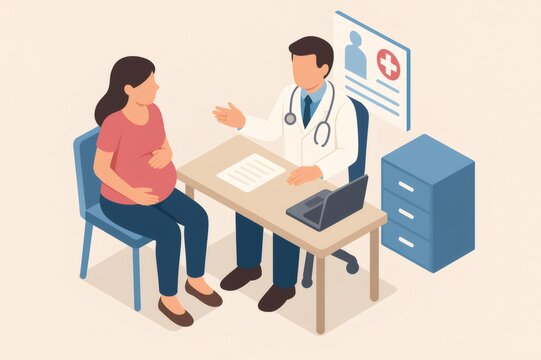 Pregnant woman receiving medical advice from a doctor during a prenatal checkup. Health care and pregnancy support concept