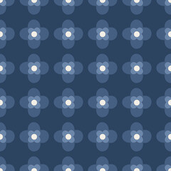 Simple geometric pattern abstract square shapes motif classic blue minimal background. Small diamond, floral elements modern fabric design textile swatch ladies dress, man's shirt allover print block.