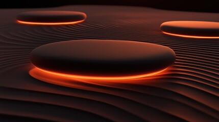 Close up of glowing smooth circular shapes on the ground with ripples and waves rendered in orange and red light