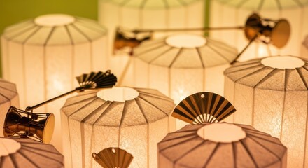 Japanese inspired lanterns and fan decorations create a warm, inviting atmosphere