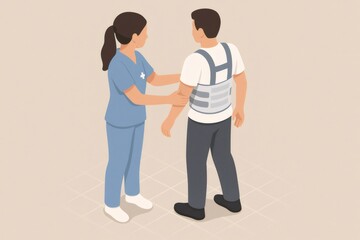 Nurse assisting a man wearing a spinal back brace, providing medical support and guidance during a physical recovery session