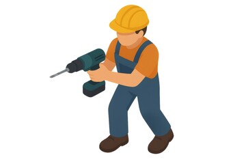 Isometric illustration of a construction worker wearing a hard hat and overalls, operating an electric drill