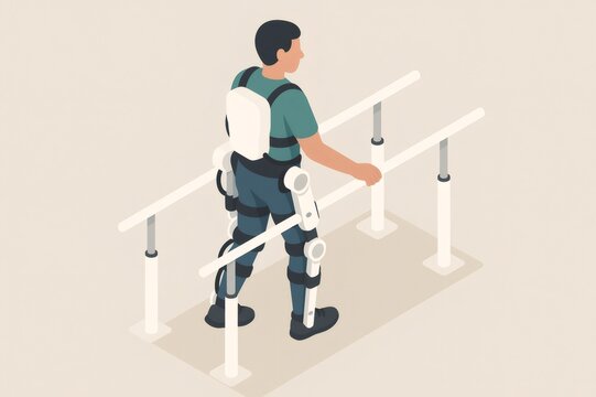 Man rehabilitating leg muscles with an advanced bionic exoskeleton during physical therapy using parallel bars