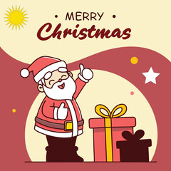 Merry christmas illustration with santa claus and gift boxes,  A cheerful cartoon Santa Claus gives a thumbs up next to a wrapped gift box, wishing everyone a Merry Christmas.