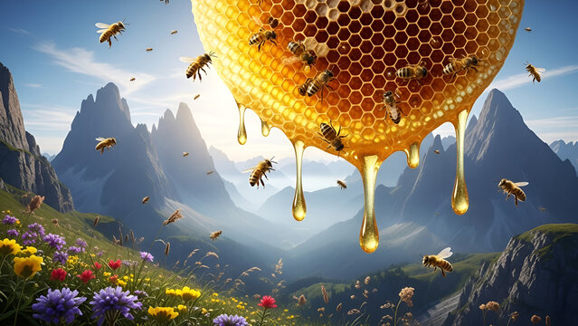 Golden honeycomb dropdown in a vibrant alpine meadow: beehive bliss