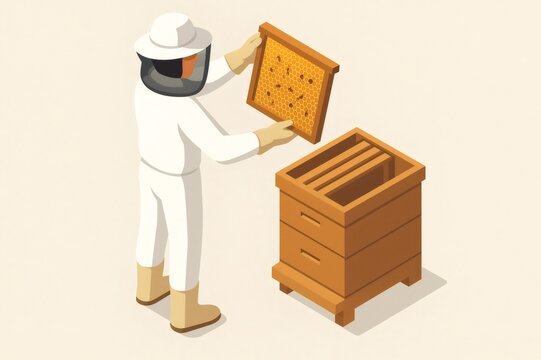 Beekeeper in a protective suit examining a honeycomb full of bees and honey, working on a wooden beehive